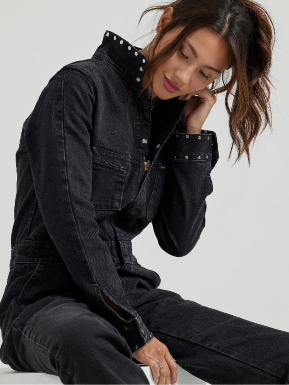 NWT LEE Black Stud-Trim Denim Union-Alls Jumpsuit